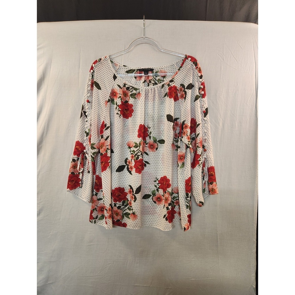 Zac &‎ Rachel Women Red Floral Chiffon Flowy Blouse Size XL Sheer Whimsical Airy